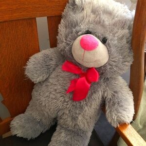 Kellytoy 25" big gray cuddly Teddy Bear w/sparkles, pink nose & bow, 2015